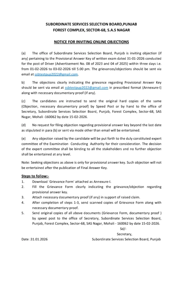 PSSSB Driver Answer Key Objection