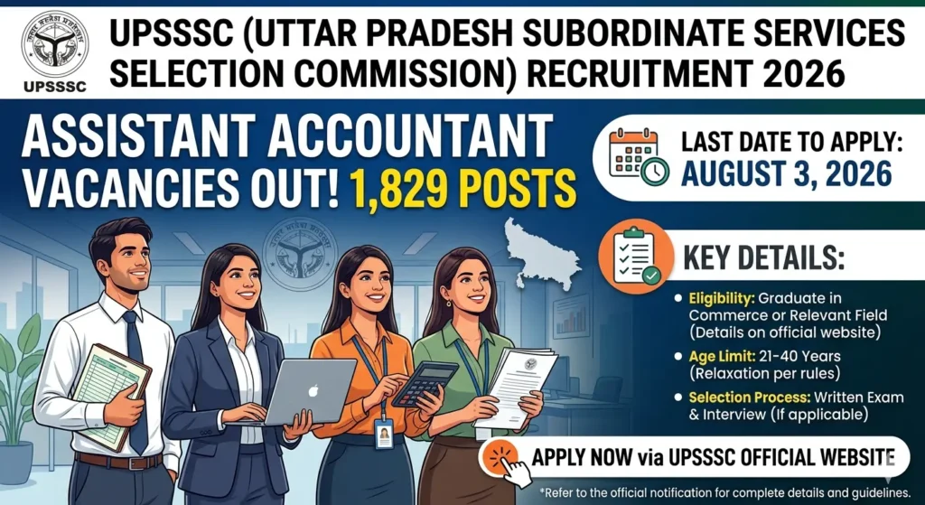 UPSSSC Assistant Accountant Recruitment 2026 out for 1,829 posts. Apply online at upsssc.gov.in before August 3, 2026. Check eligibility and apply now!