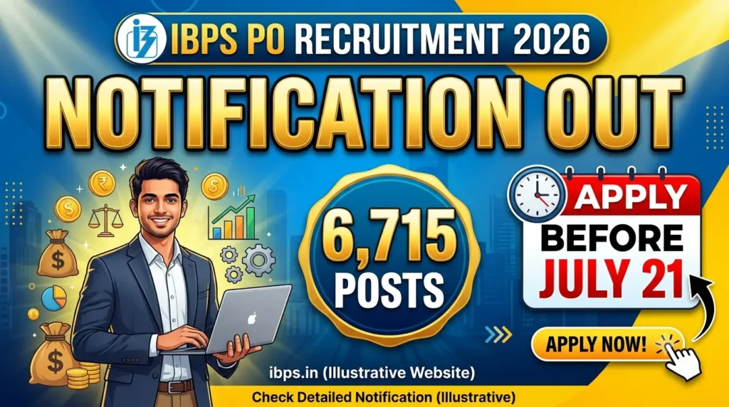 IBPS PO Recruitment 2026 notification out for 6,715 posts. Apply online at ibps.in before July 21, 2026. Check bank-wise vacancies, eligibility, and salary.